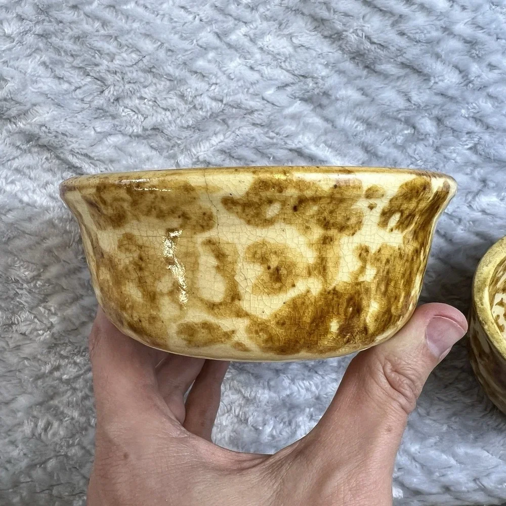 Vintage Yellowware Spongeware Bowl & Cup Set Brown Spatter Glaze 556